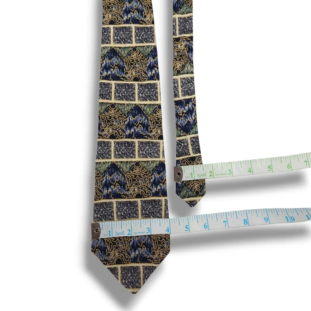 Albert Nipon Silk Necktie Abstract Geo Paisley Jacquard Blue Gold Vintage‎ OS